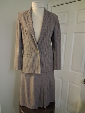 Womens Gray Pinstripe Blazer Jacket And Skirt- Classic Tailored Style